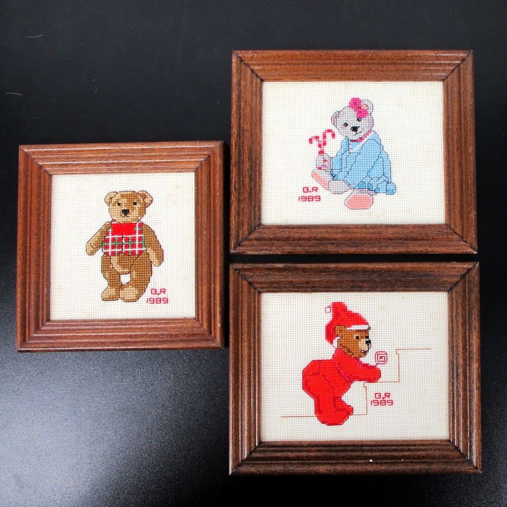 Lot of 3 Vintage 1989 Teddy Bear Cross Stitch Framed Handmade Christmas Holiday